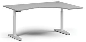 Stół z regulacją wysokości OBOL, elektryczny, 675-1325 mm, ergonomiczny prawy, blat 1600x1200 mm, zaokrąglona podstawa biała, szara