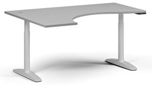 Stół z regulacją wysokości OBOL, elektryczny, 675-1325 mm, ergonomiczny lewy, blat 1600x1200 mm, zaokrąglona podstawa biała, szara