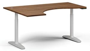 Stół z regulacją wysokości OBOL, elektryczny, 675-1325 mm, ergonomiczny lewy, blat 1600x1200 mm, zaokrąglona podstawa biała, orzech