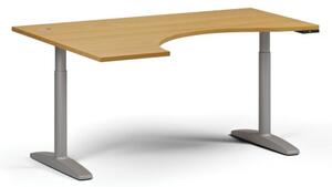 Stół z regulacją wysokości OBOL, elektryczny, 675-1325 mm, ergonomiczny lewy, blat 1600x1200 mm, zaokrąglona podstawa szara, buk