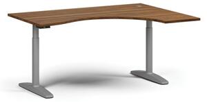 Stół z regulacją wysokości OBOL, elektryczny, 675-1325 mm, ergonomiczny prawy, blat 1600x1200 mm, zaokrąglona podstawa szara, orzech