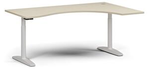 Stół z regulacją wysokości OBOL, elektryczny, 675-1325 mm, ergonomiczny prawy, blat 1800x1200 mm, zaokrąglona podstawa biała, brzoza
