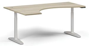 Stół z regulacją wysokości OBOL, elektryczny, 675-1325 mm, ergonomiczny lewy, blat 1800x1200 mm, zaokrąglona podstawa biała, dąb naturalny