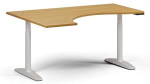Stół z regulacją wysokości OBOL, elektryczny, 675-1325 mm, ergonomiczny lewy, blat 1600x1200 mm, zaokrąglona podstawa biała, buk
