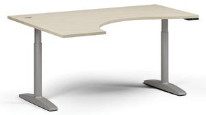 Stół z regulacją wysokości OBOL, elektryczny, 675-1325 mm, ergonomiczny lewy, blat 1600x1200 mm, zaokrąglona podstawa szara, orzech