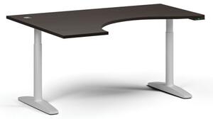 Stół z regulacją wysokości OBOL, elektryczny, 675-1325 mm, ergonomiczny lewy, blat 1600x1200 mm, zaokrąglona podstawa biała, wenge