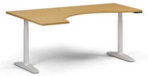 Stół z regulacją wysokości OBOL, elektryczny, 675-1325 mm, ergonomiczny lewy, blat 1800x1200 mm, zaokrąglona podstawa biała, buk