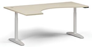 Stół z regulacją wysokości OBOL, elektryczny, 675-1325 mm, ergonomiczny lewy, blat 1800x1200 mm, zaokrąglona podstawa biała, brzoza