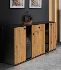 Komoda trzydrzwiowa Kaja z lamelami i szufladą 140 cm - dąb artisan / matera