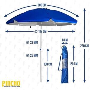 Parasol plażowy, Ø 200 cm – odporny na wiatr, ochrona UV 50 – wysokiej jakości materiały: rura aluminiowa i pręty z włókna szklanego – w zestawie regulowany drążek