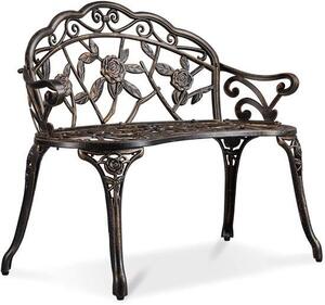 Ławka ogrodowa z motywem róż, dwuosobowa, do ogrodu, parku, tarasu, 99,5 x 57 x 78,5 cm, brąz, metal