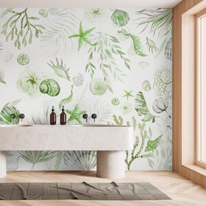 Fototapety Akwarela wzór morski, styl boho, muszle, koralowce, bawełna, zielone kolory, Fototapety 3D, Fototapety 3d liście, w00851v2 : Uwalls.pl