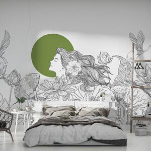 Fototapety Kobieta w naturze, rysunek linii, kwiaty lotosu, duże liście, latające ptaki, kolor szary i, Fototapety Kwiaty, w07988v3 : Uwalls.pl