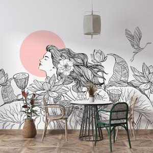 Fototapety Kobieta w naturze, rysunek linii, kwiaty lotosu, duże liście, latające ptaki, kolor czarny i, Fototapety Kwiaty, w07988v5 : Uwalls.pl