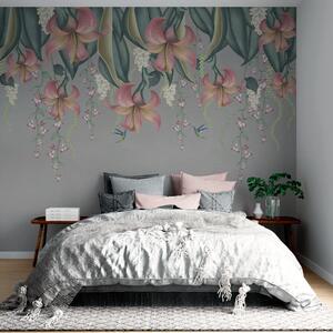 Fototapety Delikatny motyw botaniczny z wiszącymi liliami, kwiatami i kolibrami na szarej, Fototapety 3D, Fototapety 3d Kwiaty, w01523v2 : Uwalls.pl