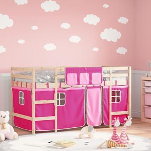 Dziecięce łóżko na antresoli, różowe zasłonki, 90x200 cm, sosna