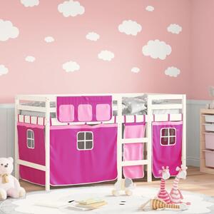Dziecięce łóżko na antresoli, różowe zasłonki, 80x200 cm