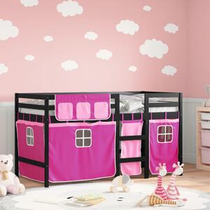 Dziecięce łóżko na antresoli, różowe zasłonki, 90x200 cm, sosna