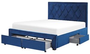 Łóżko welurowe z szufladami 160 x 200 cm pikowane wezgłowie niebieskie Lievin Beliani