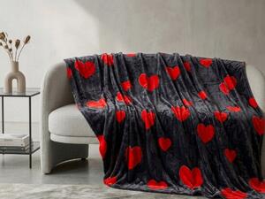 Czarny koc z mikropluszu RED HEARTS Rozmiar: 200 x 220 cm