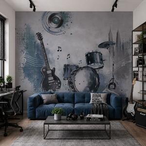 Fototapety Gitara i zestaw perkusyjny z nutami, Tapety Wyjątkowe, w05546 : Uwalls.pl