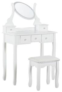 Glamour toaletka 5 szuflad owalne lustro tapicerowany stołek biała Galaxie Beliani
