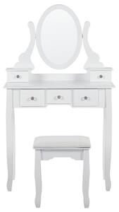 Glamour toaletka 5 szuflad owalne lustro tapicerowany stołek biała Galaxie Beliani