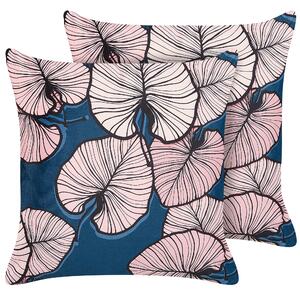 Zestaw 2 poduszek welurowych w liście 45 x 45 cm różowy niebieski Chrysanthemum Beliani