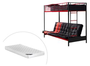Łóżko piętrowe MODULO IV – 90 × 190 cm – z rozkładaną kanapą – metal – kolor czarny i czerwony, w zestawie z futonem i materacem