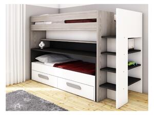 Łóżko piętrowe DAVID - 90x190/200 cm - Schowki, łóżko i przesuwne biurko - Sosna w kolorze szarym, białym i antracytowym