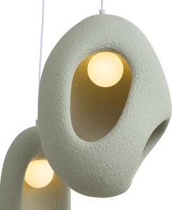 Lampa wisząca Japandi biała z organicznym jasnym zielonym kloszem 3-punktowa - Moonstone