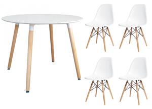 Zestaw stół NOLAN okrągły 100 cm + 4 krzesła MILANO białe nogi buk