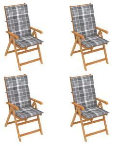 Krzesła ogrodowe z poduszkami w szarą kratkę, 4 szt., tekowe