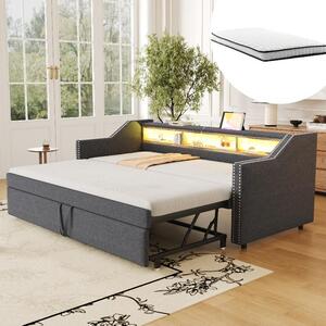 Rozkładana sofa 90x190 cm, po rozłożeniu 180x190 cm, tapicerowana sofa w ciemnoszarym kolorze z podświetleniem LED, portem USB, trzema schowkami, stelażem i dwoma materacami sprężynowymi