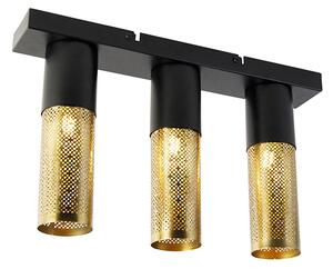 Industrialna lampa sufitowa czarna ze złotym podłużnym 3-punktowym - Raspi Oswietlenie wewnetrzne