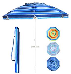 Parasol 220 cm, parasol plaowy z kotwic i uchwytem na napoje, uchylny parasol ogrodowy, parasol na taras, parasol rynkowy z torb, okrgy parasol przeciwsoneczny UV50+ (niebieskie paski)