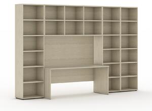 Biblioteka INTEGRO z wbudowanym biurkiem, wyższy/szerszy, 3550x700/400x2300 mm, dąb naturalny