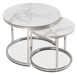 Zestaw Stolików Kawowych AMARA 45,5 cm/60 cm Biały Marmur/Srebrny Glamour