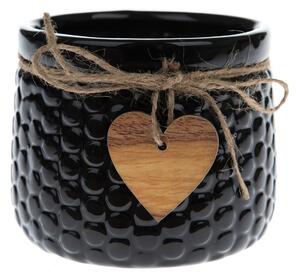 Ceramiczna osłona na doniczkę Wood heart black, 9 x 12,5 cm