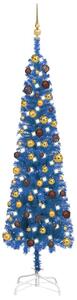 Smukła choinka z lampkami i bombkami, niebieska, 210 cm