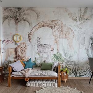 Tapeta Malumi SERENGETI - Sage Green - Tapeta Dla Dzieci Dżungla / Safari Z Liśćmi I Zwierzętami