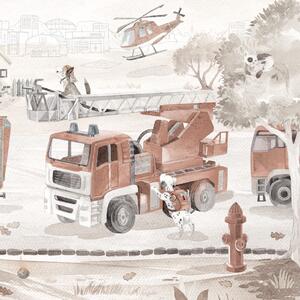 Tapeta Malumi FIRE PATROL - Sepia - Z Wozem Strażackim I Zwierzątkami