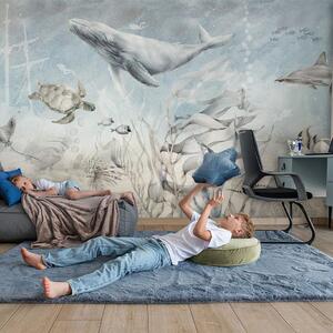 Tapeta Malumi MARINE ADVENTURE - Gray Blue - Z Wielorybem I Morskimi Zwierzakami
