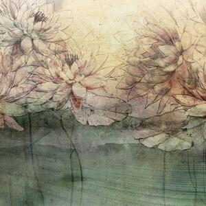 Tapeta Artystyczna Water Lilies - Orange - Tapeta Do Salonu Z Motywem Lilii Wodnych