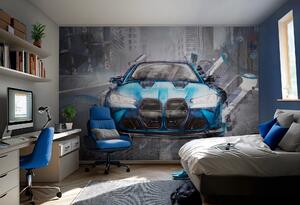 Tapeta dla dzieci Malumi FAST CAR - blue- tapeta z motywem auta do pokoju chłopca