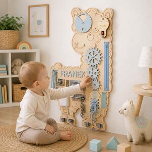 Tablica manipulacyjna Lama Personalizowana – dla chłopca 70 cm– sensoryczna tablica edukacyjna dla dzieci