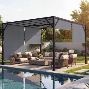 Pergola Baia, zadaszenie patio pawilonu ogrodowego, solidna stalowa rama 6 cm + rozsuwany dach szary ~ 4x3m