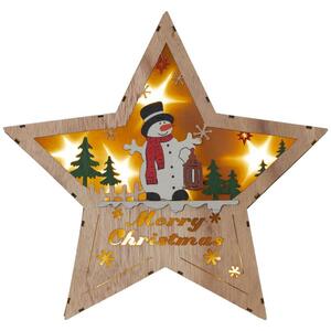 Drewniana gwiazda z motywem bałwanka, 8 LED , ciepła biel