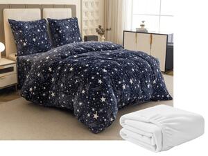 Zestaw 2 szt. pościeli z mikropluszu STARLIGHT ciemnoniebieskie + prześcieradło z mikropluszu SOFT 180x200 cm białe, podwójne łóżko