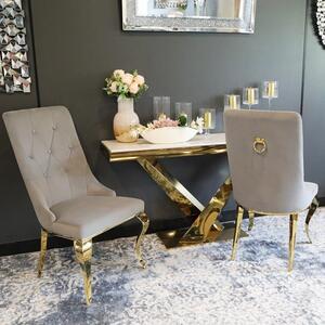 Krzesło glamour Antonio Gold Grey z kołatką pikowane guzikami - złote krzesło tapicerowane szare